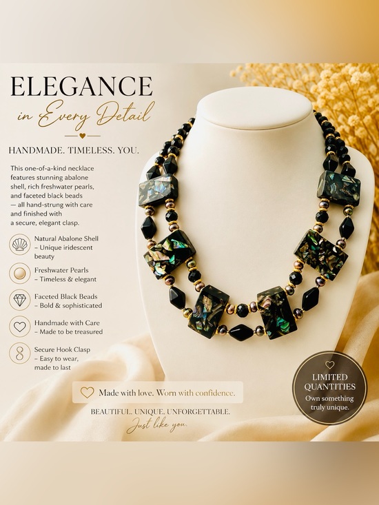 koreanna Jewelry - Artisan Double-Strand Black Abalone Inlay Necklace & Fresh Water Pearl Necklace